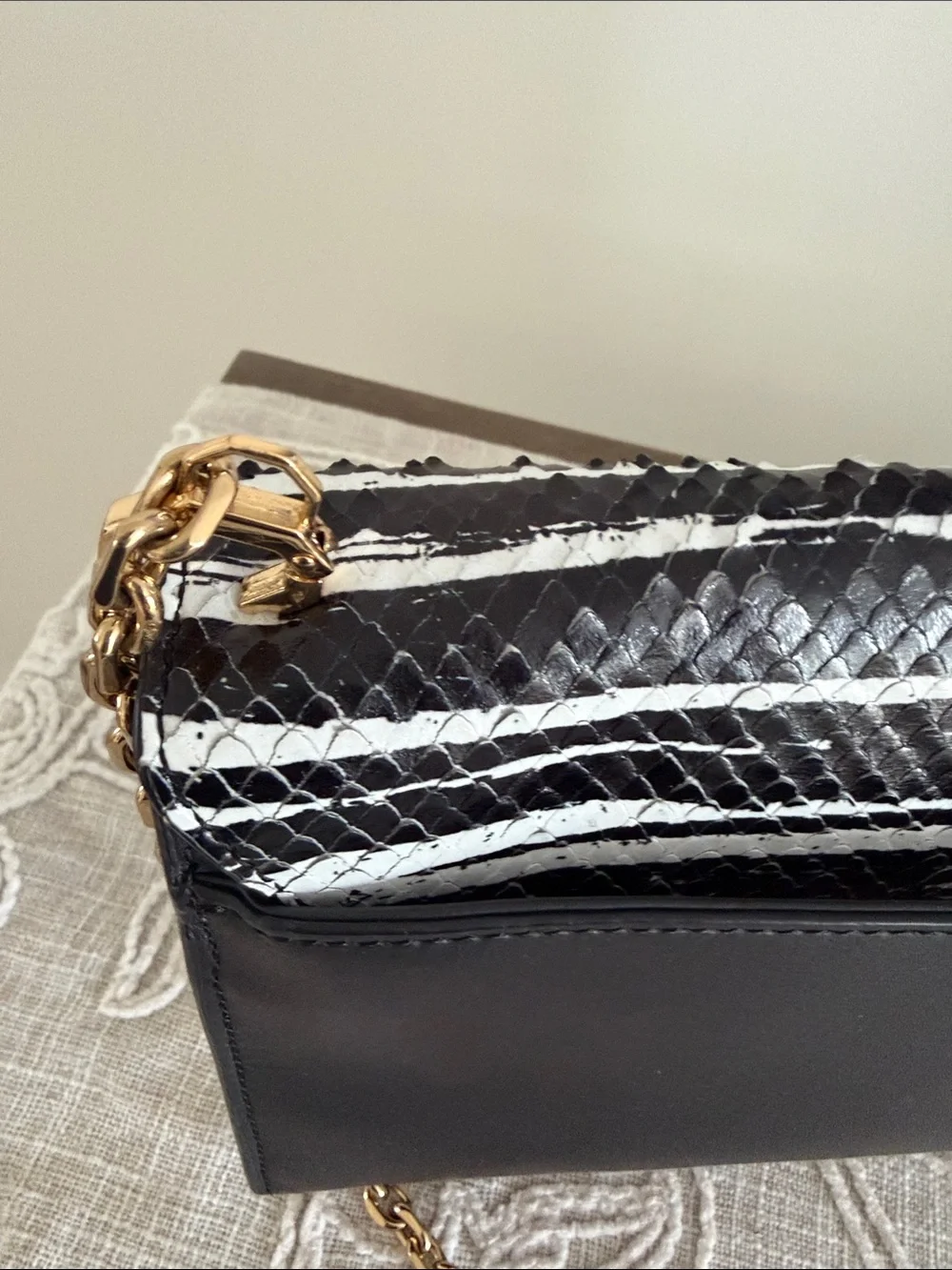 Louise et Cie Zebra Stripe Embossed/Leather Black & White Bag with Chain Strap